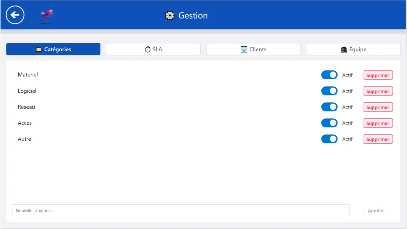 La configuration admin (SLA, catégories, équipes)